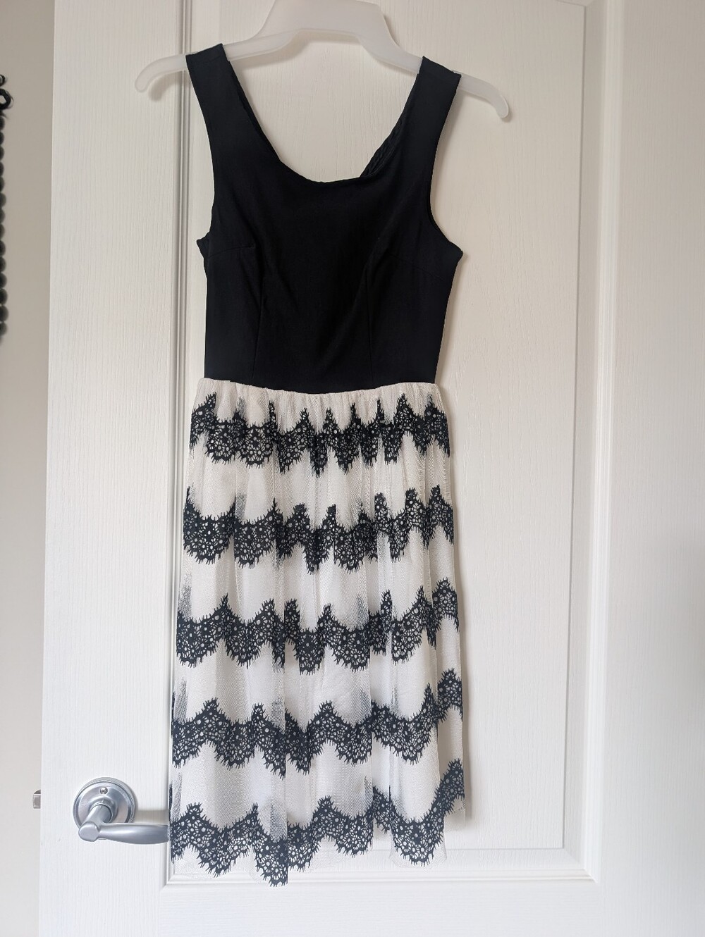 Sleeveless Black Bodice White Midi Dress with Black Lace Stripes